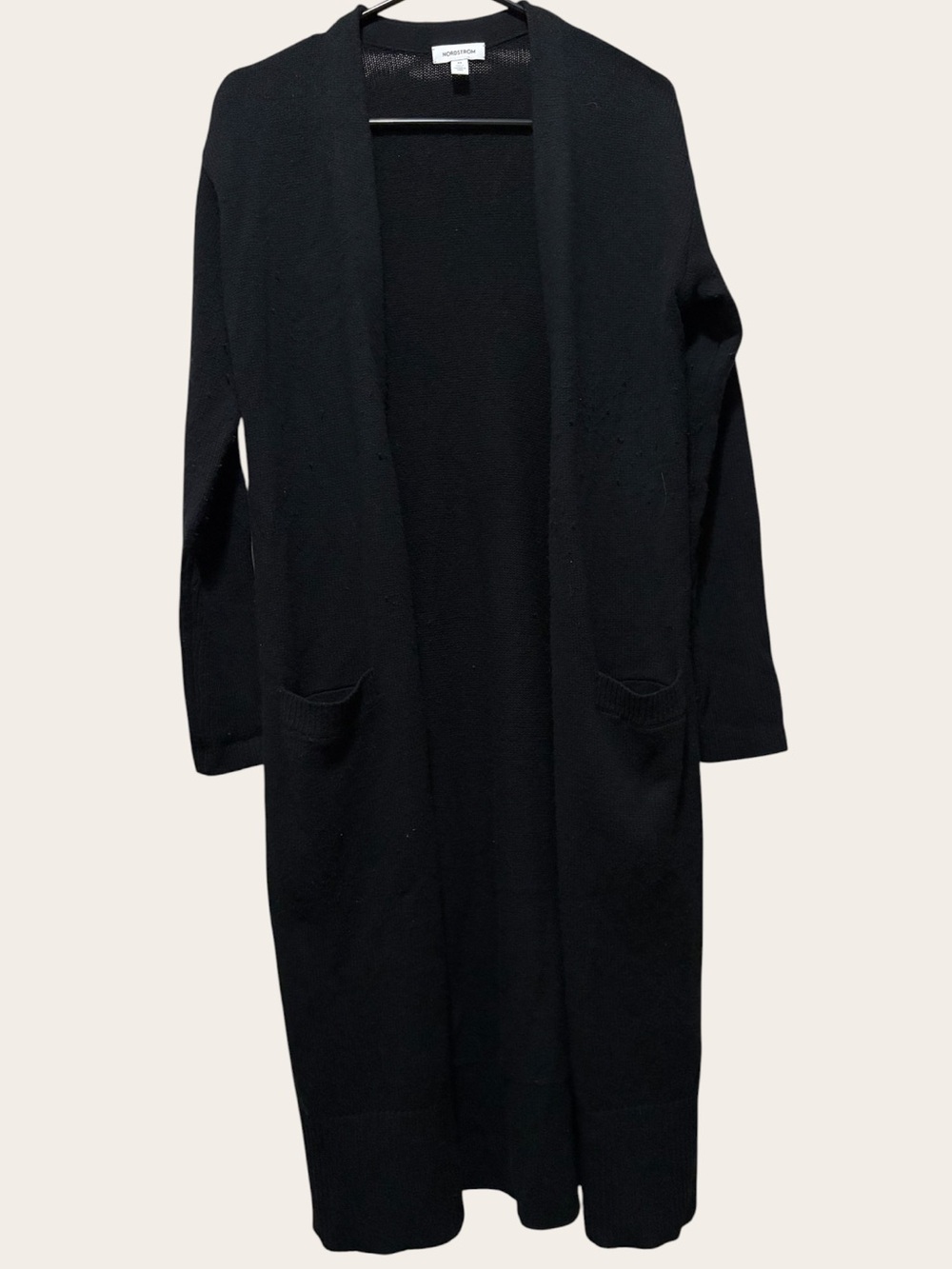 Nordstrom Wool Cashmere Long Duster Cardigan XS Black Open Front Pockets